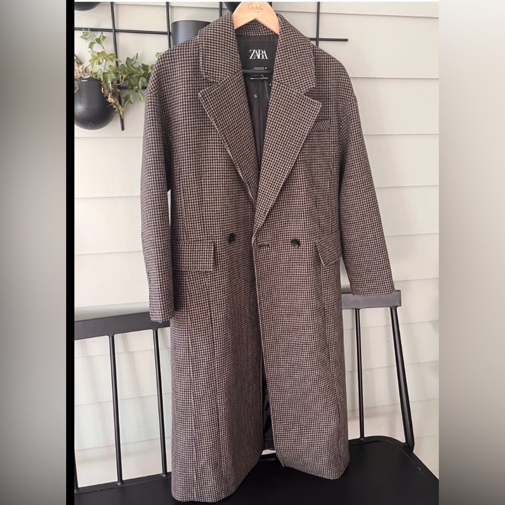Zara Women's Trench Coat - Black and Brown Houndstooth